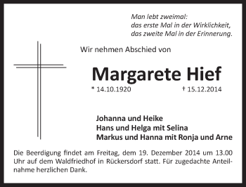 Traueranzeige von Margarete Hief von Pegnitz-Zeitung